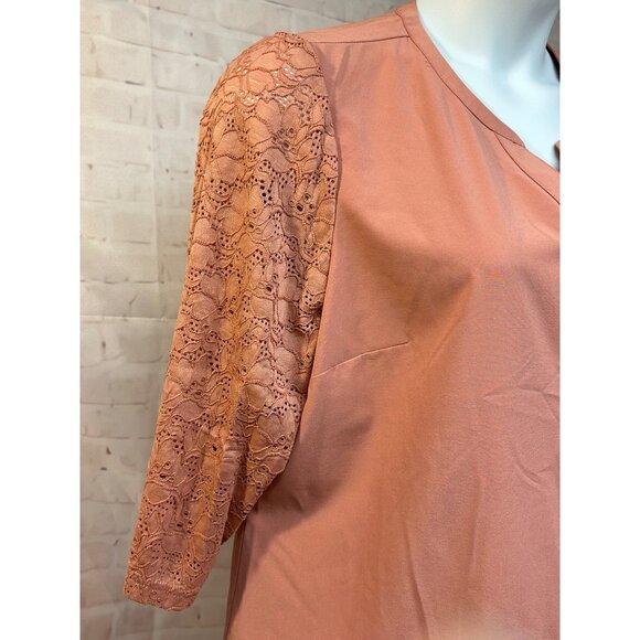 D&Co Womens Size Large Button Front Shirt Knit Lace 3/4 Sleeves Rose Pink Top - Picture 3 of 9